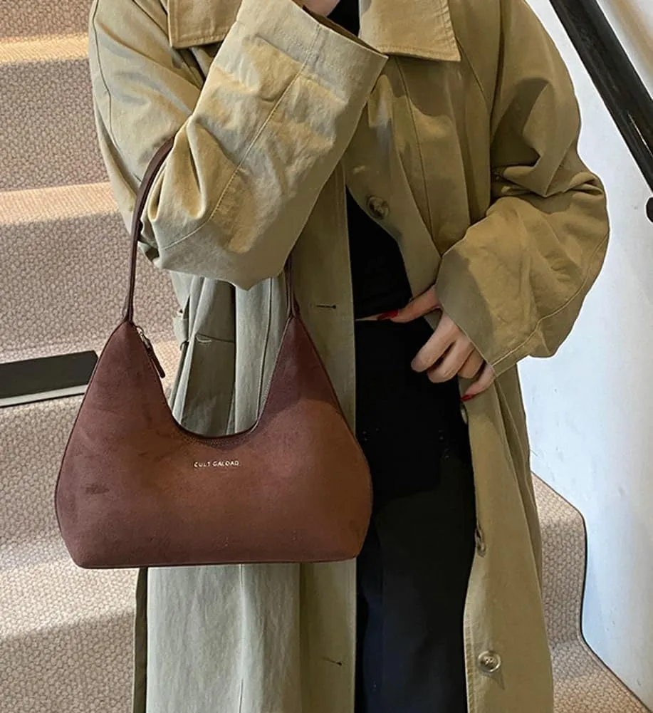 Trendy Suede Crescent Bag for Women Top Handle Satchel Bag Slouchy Shoulder Bag Work Purse Vintage Tote Bag Underarm Bag