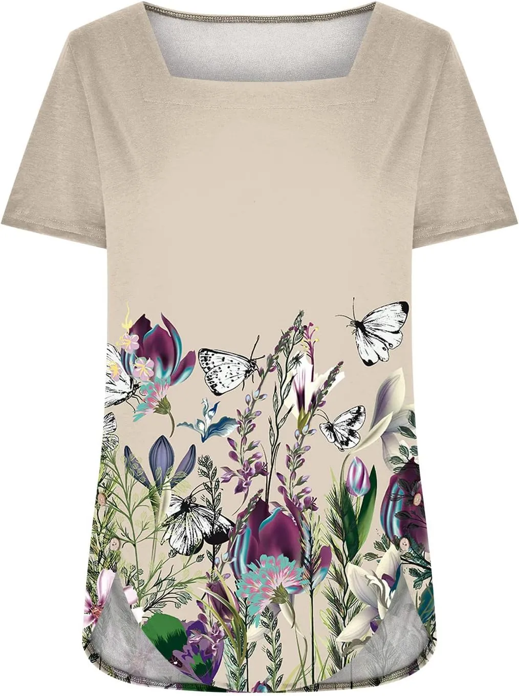 Tunic Tops for Women Trendy 2024 Boho Floral Print Summer Shirts Dressy Casual Square Neck Short Sleeve Blouses