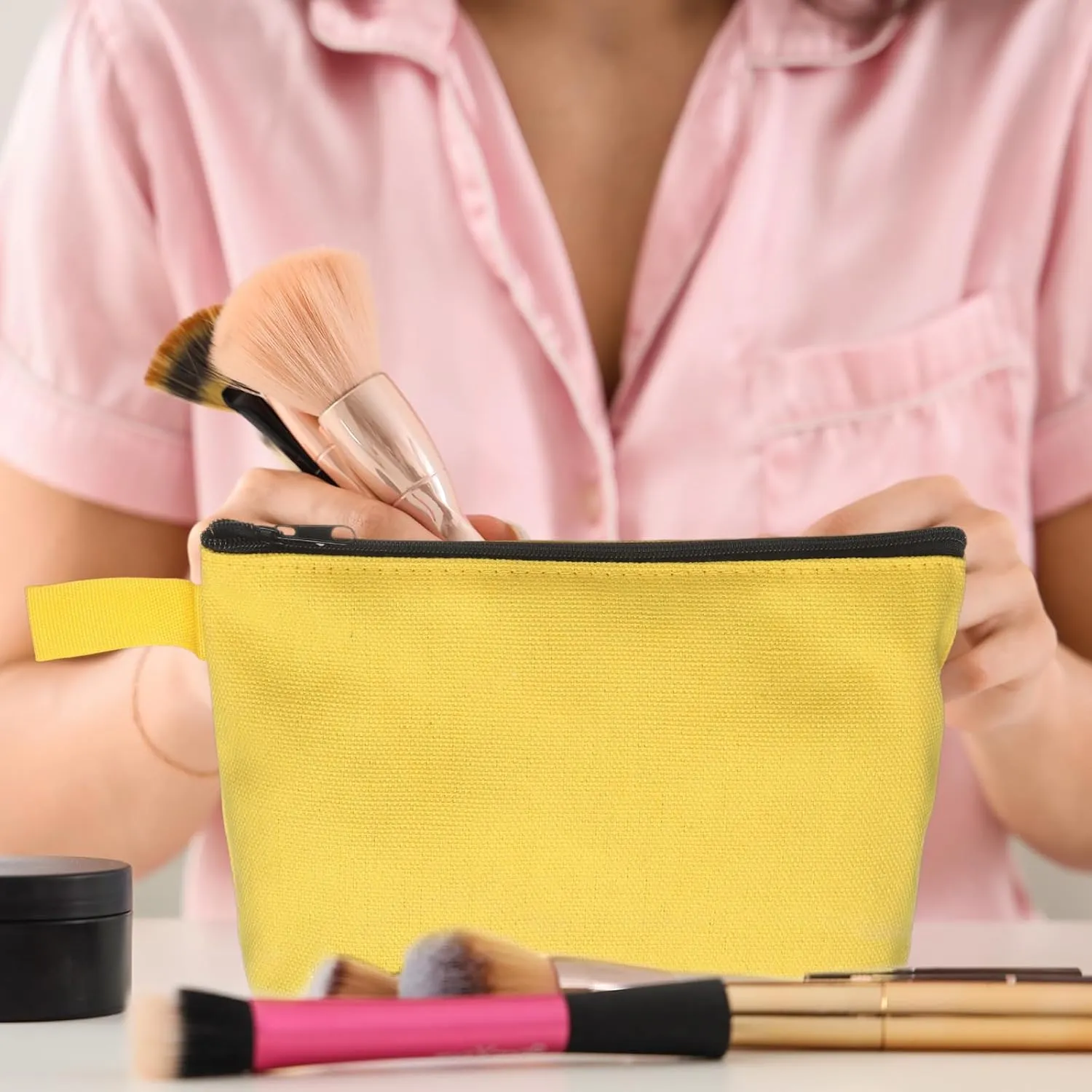 uxcell Canvas Makeup Bags, 10pcs Travel Cosmetic Bags Bulk, Multipurpose Plain Toiletry Zipper Pouches Blank DIY Craft Bags Pencil Bag for Women Teens, Yellow(7.5 x 5 x 1.8inch)