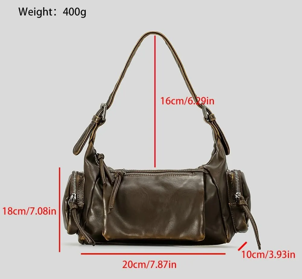 Vegan Leather Shoulder Bag for Women Vintage Small Tote Purses Y2K Punk Top Handle Handbags Multi Pocket Satchels