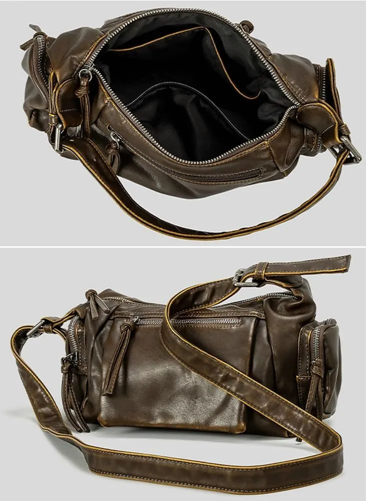 Vegan Leather Shoulder Bag for Women Vintage Small Tote Purses Y2K Punk Top Handle Handbags Multi Pocket Satchels