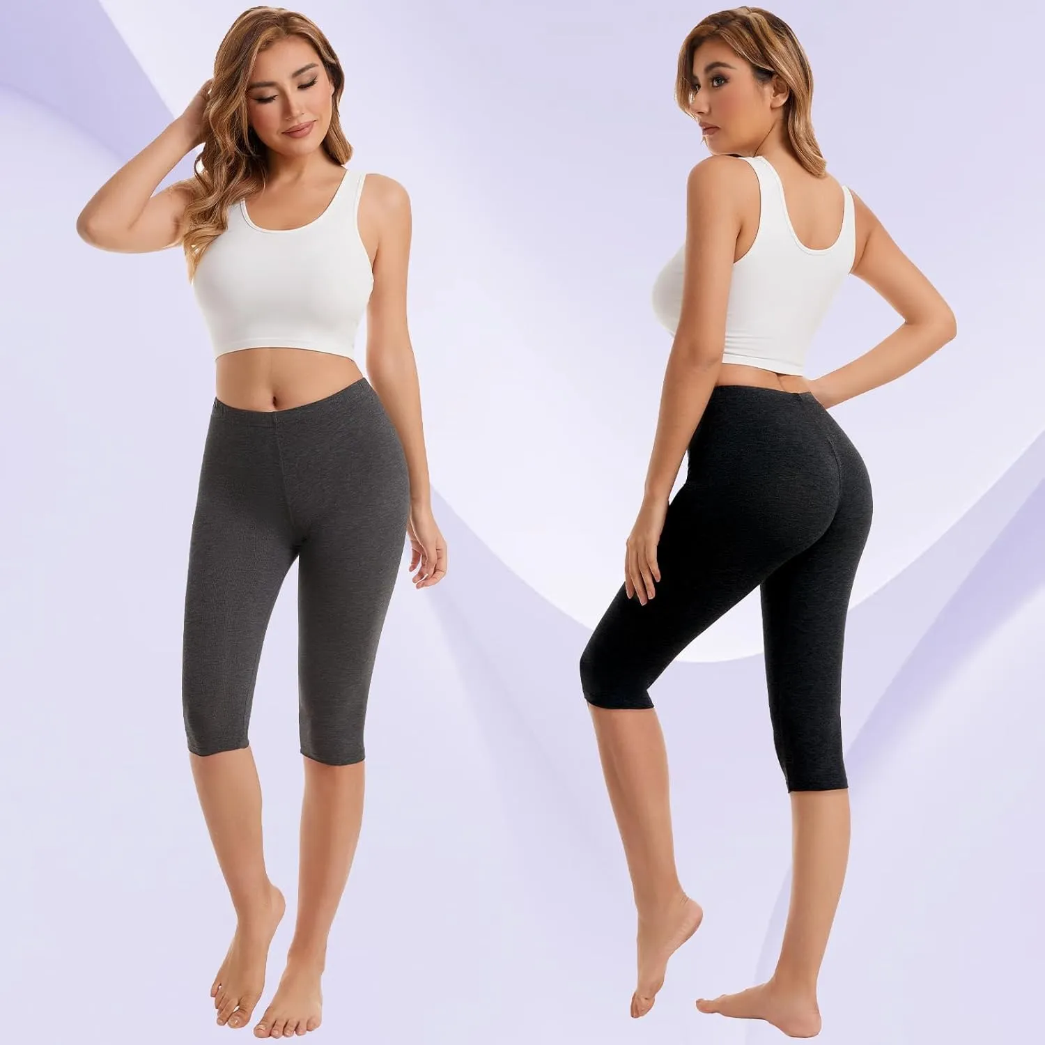 Vinconie Women Knee Leggings 3/4 Capri Cropped Leggings Under Skirt Shorts
