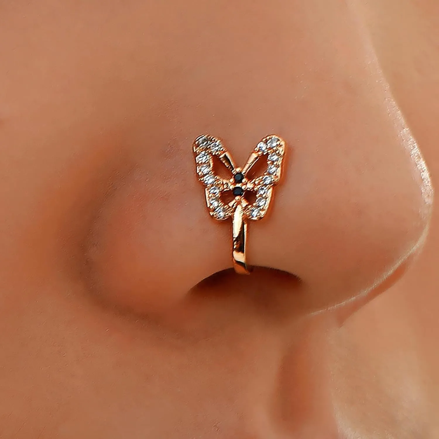Vintage Crystal Butterfly Nose Ring Hoop Gold Cz Nose Ring Stud Hollow Butterfly Nose Screw Stud Ring Boho Rhinestone No Piercing Nose Hoop Clip on Nose Ring Jewelry for Women