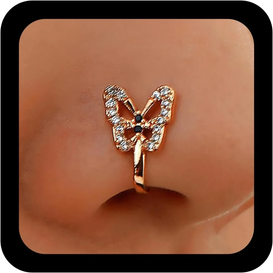 Vintage Crystal Butterfly Nose Ring Hoop Gold Cz Nose Ring Stud Hollow Butterfly Nose Screw Stud Ring Boho Rhinestone No Piercing Nose Hoop Clip on Nose Ring Jewelry for Women