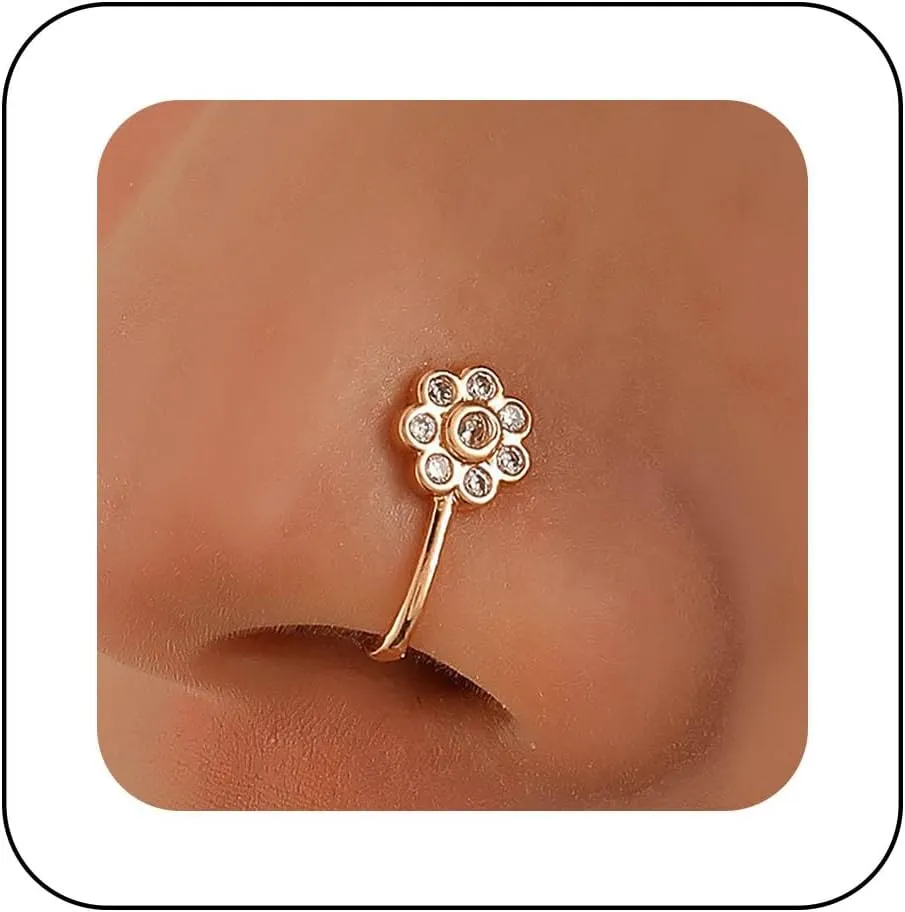 Vintage Crystal Flower Nose Ring Hoop Gold Rhinestone Nose Ring Stud Tiny Round Nose Screw Stud Ring Boho Cz No Piercing Nose Hoop Clip on Nose Ring Jewelry for Women