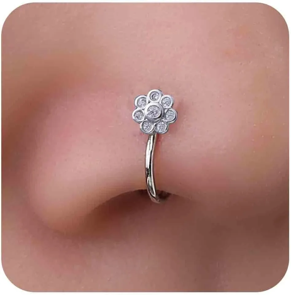 Vintage Crystal Flower Nose Ring Hoop Gold Rhinestone Nose Ring Stud Tiny Round Nose Screw Stud Ring Boho Cz No Piercing Nose Hoop Clip on Nose Ring Jewelry for Women
