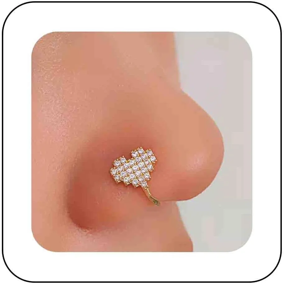 Vintage Crystal Heart Nose Ring Hoop Gold Rhinestone Heart Nose Ring Stud Love Heart Nose Screw Stud Ring Boho Cz No Piercing Nose Hoop Clip on Nose Ring for Women