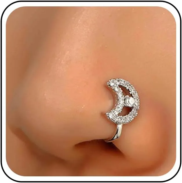 Vintage Crystal Moon Nose Ring Hoop Gold Rhinestone Moon Nose Ring Stud Tiny Crescent Nose Screw Stud Ring Boho Cz No Piercing Nose Hoop Clip on Nose Ring Jewelry for Women