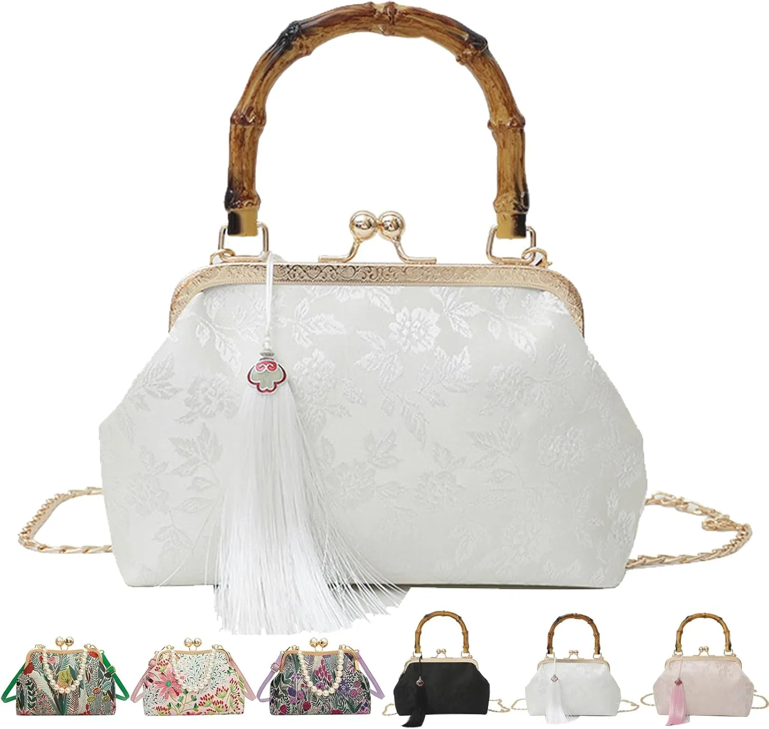 Vintage Embroidered Flower Handbag, Pearl Crossbody Bag, Flower Embroidery Rustic Shoulder Bag with Kiss Lock for Women