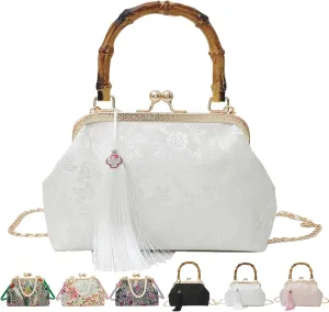 Vintage Embroidered Flower Handbag, Pearl Crossbody Bag, Flower Embroidery Rustic Shoulder Bag with Kiss Lock for Women