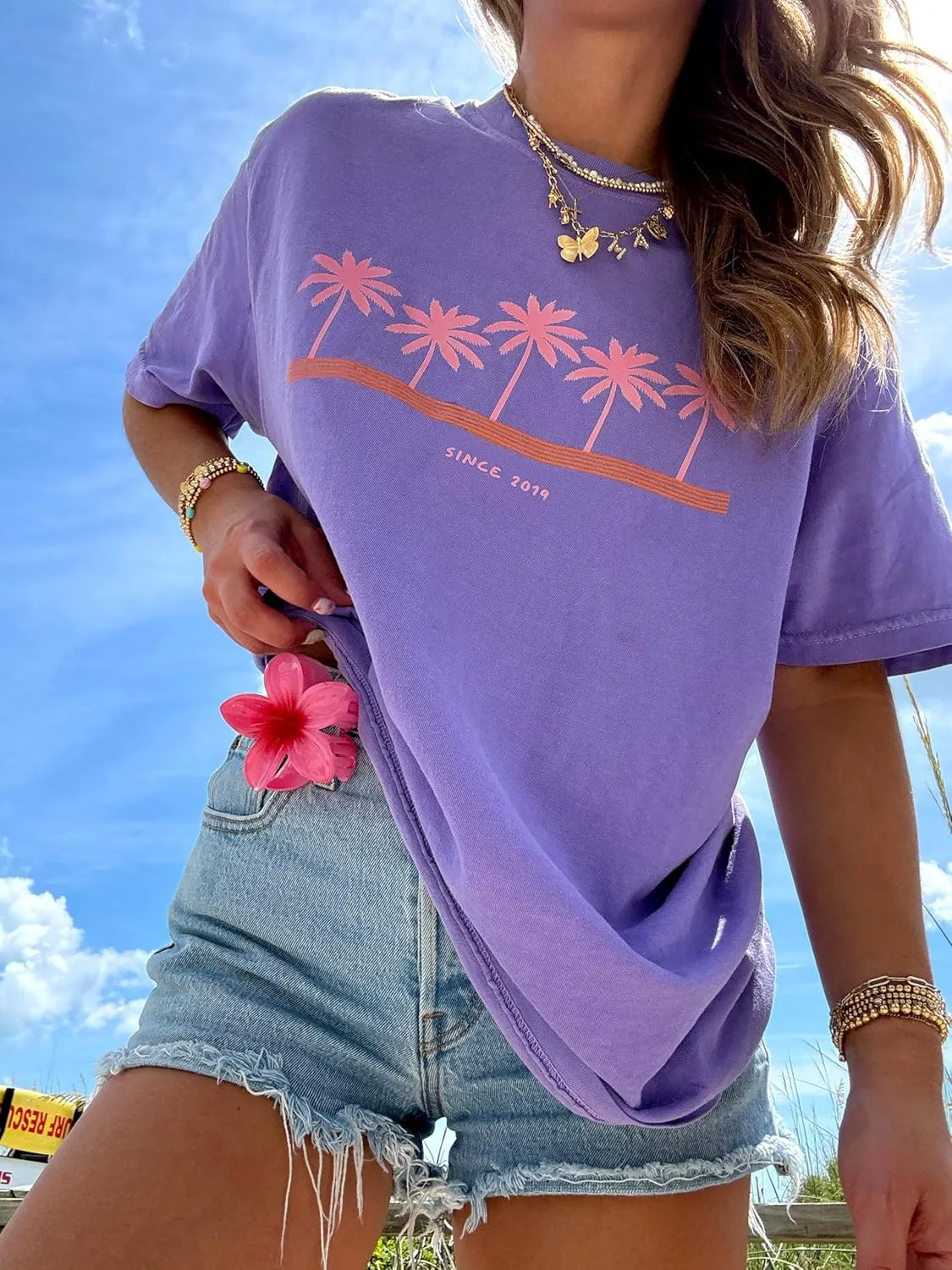 Vintage Oversized Flower Graphic Tees Cute Surfboard Palm Baggy T-Shirts Summer Preppy Beach Tops Teen Girls Clothes