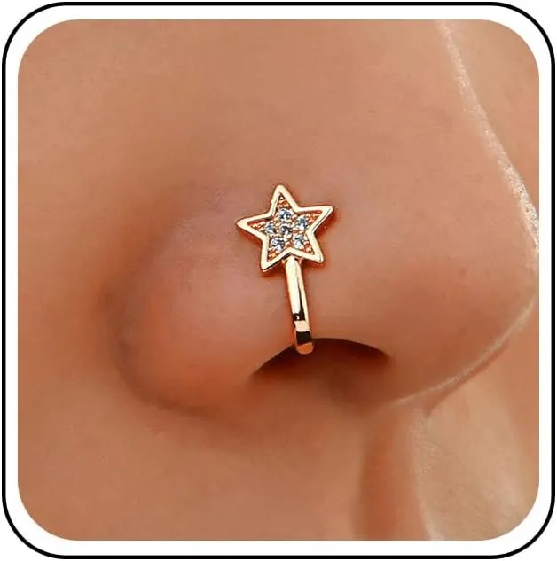 Vintage Rhinestone Star Nose Ring Hoop Gold Crystal Star Nose Ring Stud Tiny Nose Screw Stud Ring Boho Cz Star No Piercing Nose Hoop Clip on Nose Ring Jewelry for Women