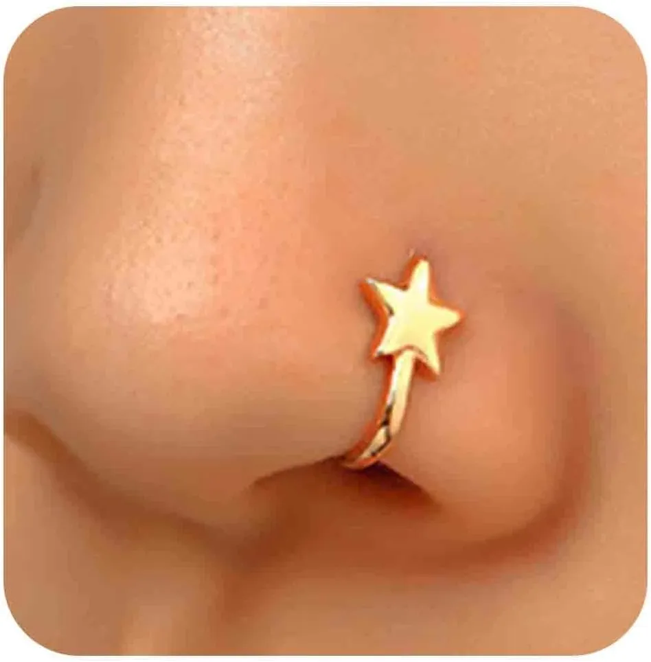 Vintage Star Nose Ring Hoop Gold Tiny Star Nose Ring Stud Tiny Star Nose Screw Stud Ring Boho Star No Piercing Nose Hoop Clip on Nose Ring Jewelry for Women