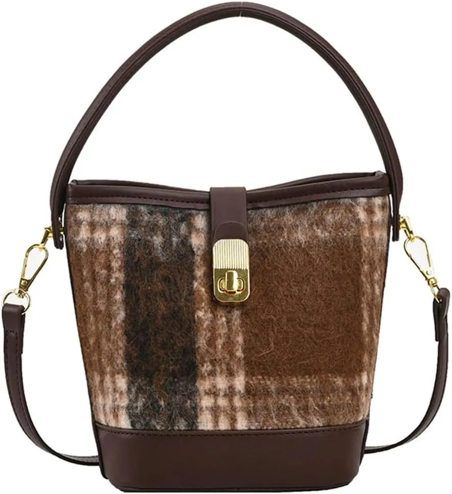 Vintage Suede Bucket Bag for Women Mini Plaid Shoulder Bag Elegant Top-Handle Purse Causal Slouchy Bag with Removable Strap