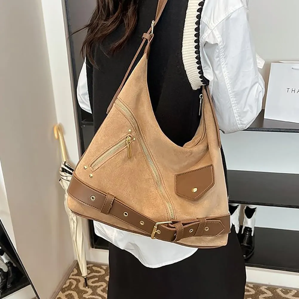 Vintage Suede Hobo Tote Purse, Large Capacity Gothic Fall Slouchy Underarm Shoulder Bag, Retro Casual Satchel Crossbody Bag