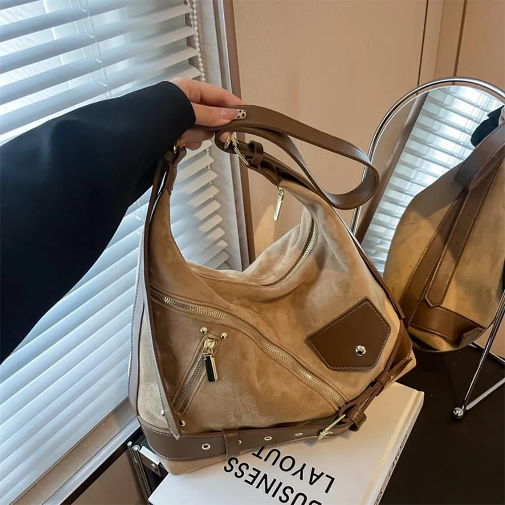Vintage Suede Hobo Tote Purse, Large Capacity Gothic Fall Slouchy Underarm Shoulder Bag, Retro Casual Satchel Crossbody Bag