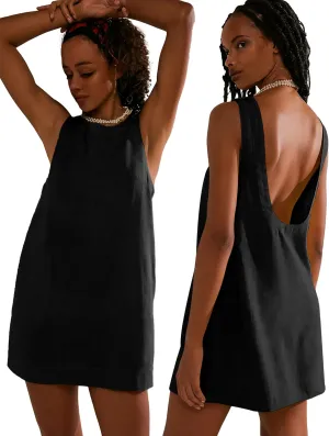 VIUTIL Womens Summer Linen Mini Dress Boat Neck Low Back Sleeveless Tank Dresses with Pockets 2025 Vacation Outfits