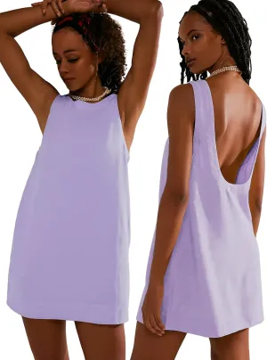 VIUTIL Womens Summer Linen Mini Dress Boat Neck Low Back Sleeveless Tank Dresses with Pockets 2025 Vacation Outfits
