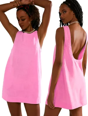 VIUTIL Womens Summer Linen Mini Dress Boat Neck Low Back Sleeveless Tank Dresses with Pockets 2025 Vacation Outfits