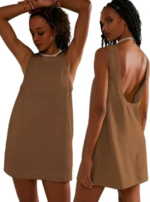 VIUTIL Womens Summer Linen Mini Dress Boat Neck Low Back Sleeveless Tank Dresses with Pockets 2025 Vacation Outfits