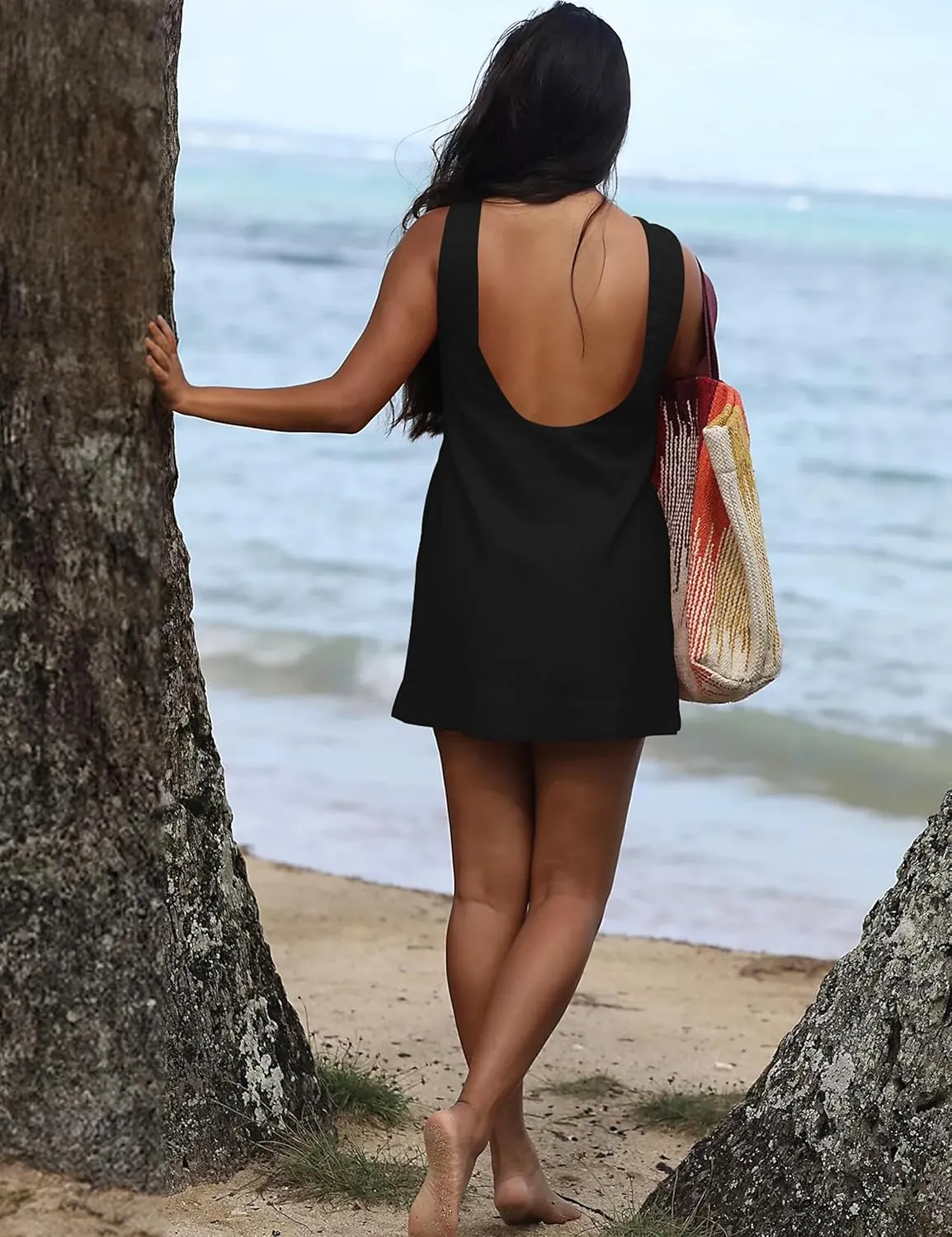 VIUTIL Womens Summer Linen Mini Dress Boat Neck Low Back Sleeveless Tank Dresses with Pockets 2025 Vacation Outfits