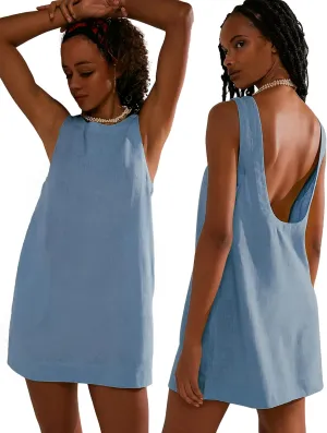 VIUTIL Womens Summer Linen Mini Dress Boat Neck Low Back Sleeveless Tank Dresses with Pockets 2025 Vacation Outfits