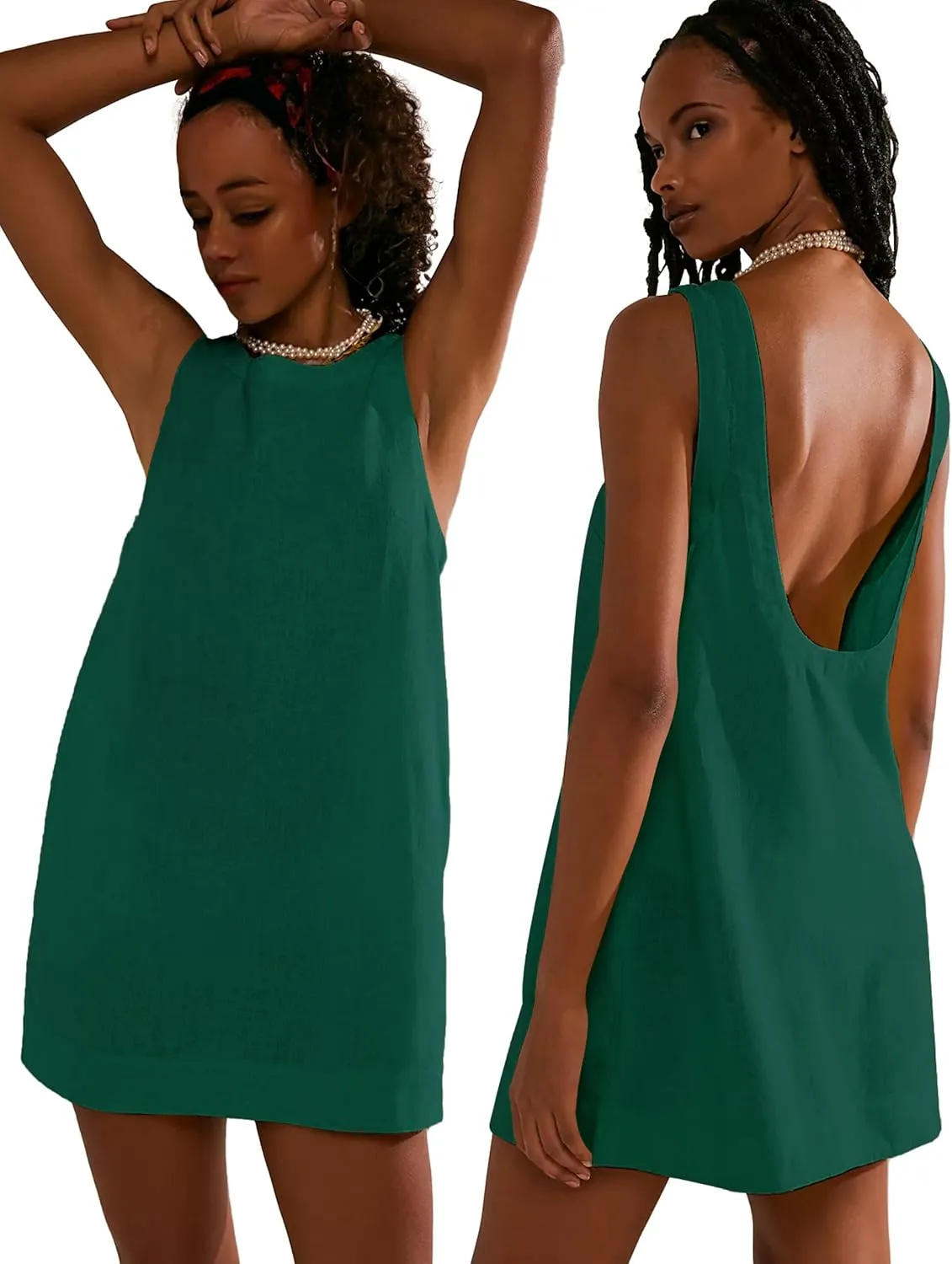 VIUTIL Womens Summer Linen Mini Dress Boat Neck Low Back Sleeveless Tank Dresses with Pockets 2025 Vacation Outfits