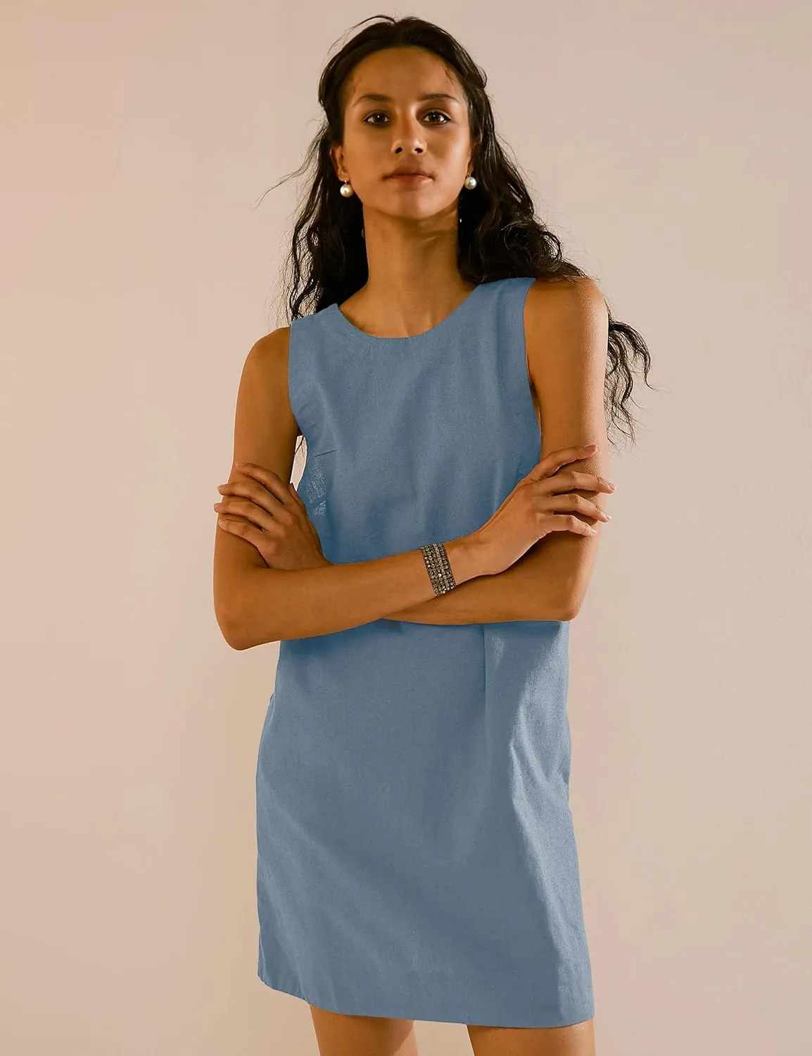 VIUTIL Womens Summer Linen Mini Dress Boat Neck Low Back Sleeveless Tank Dresses with Pockets 2025 Vacation Outfits
