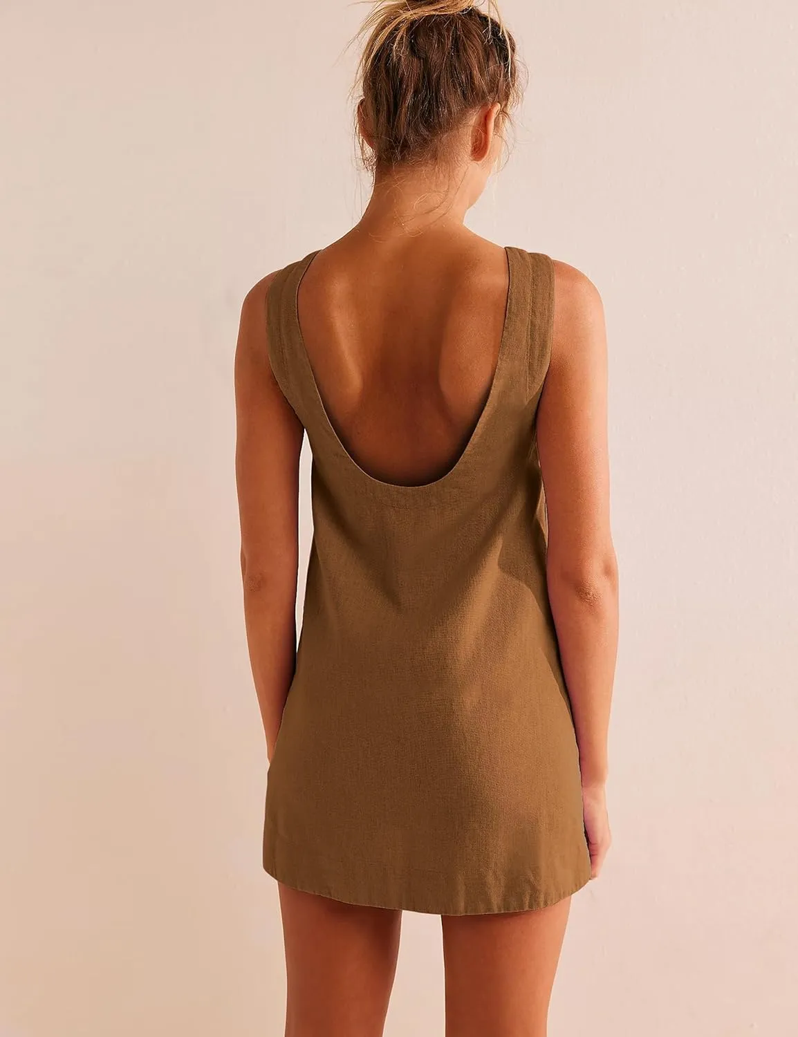 VIUTIL Womens Summer Linen Mini Dress Boat Neck Low Back Sleeveless Tank Dresses with Pockets 2025 Vacation Outfits