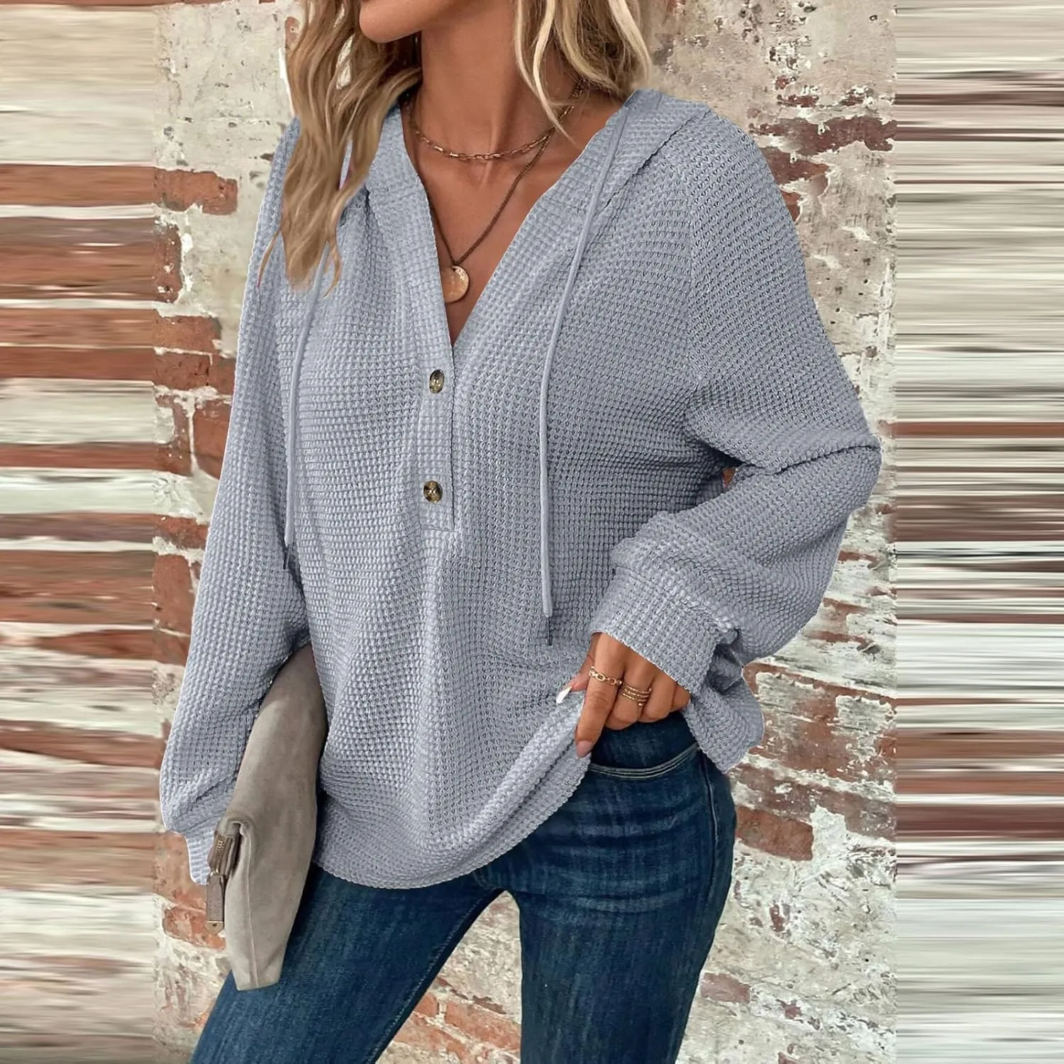 Waffle Knit Hoodies for Women Trendy Casual Button V Neck Sweatshirt Tops Comfy Soft Oversized Sweater Pullover