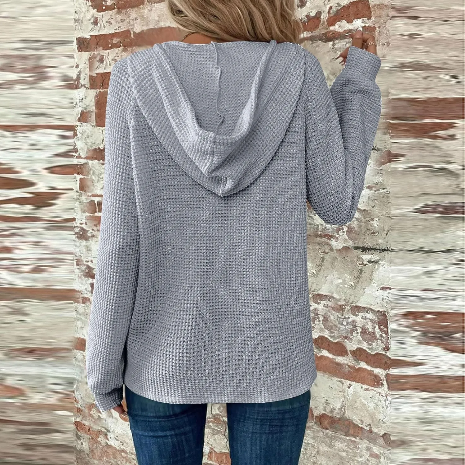 Waffle Knit Hoodies for Women Trendy Casual Button V Neck Sweatshirt Tops Comfy Soft Oversized Sweater Pullover