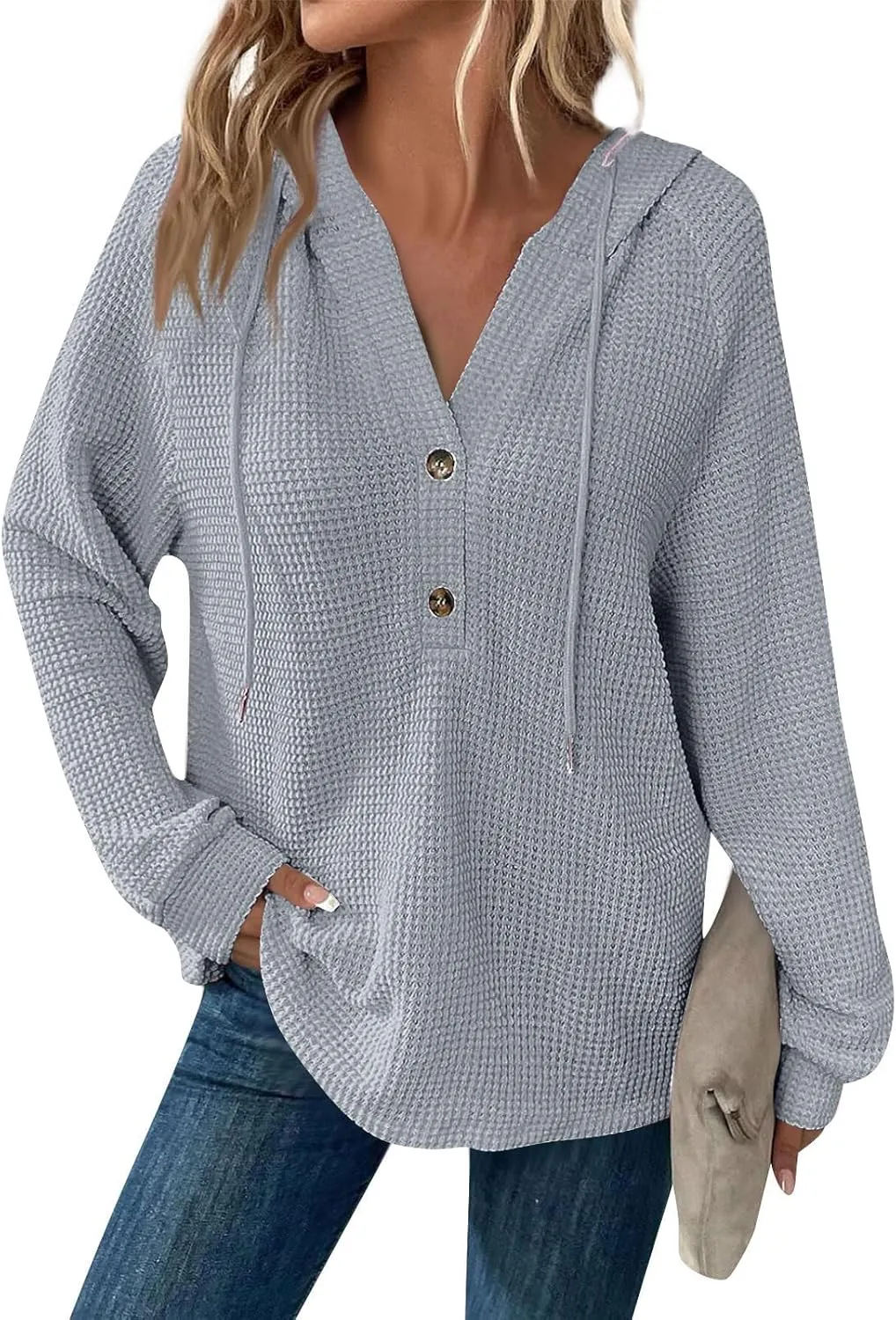 Waffle Knit Hoodies for Women Trendy Casual Button V Neck Sweatshirt Tops Comfy Soft Oversized Sweater Pullover