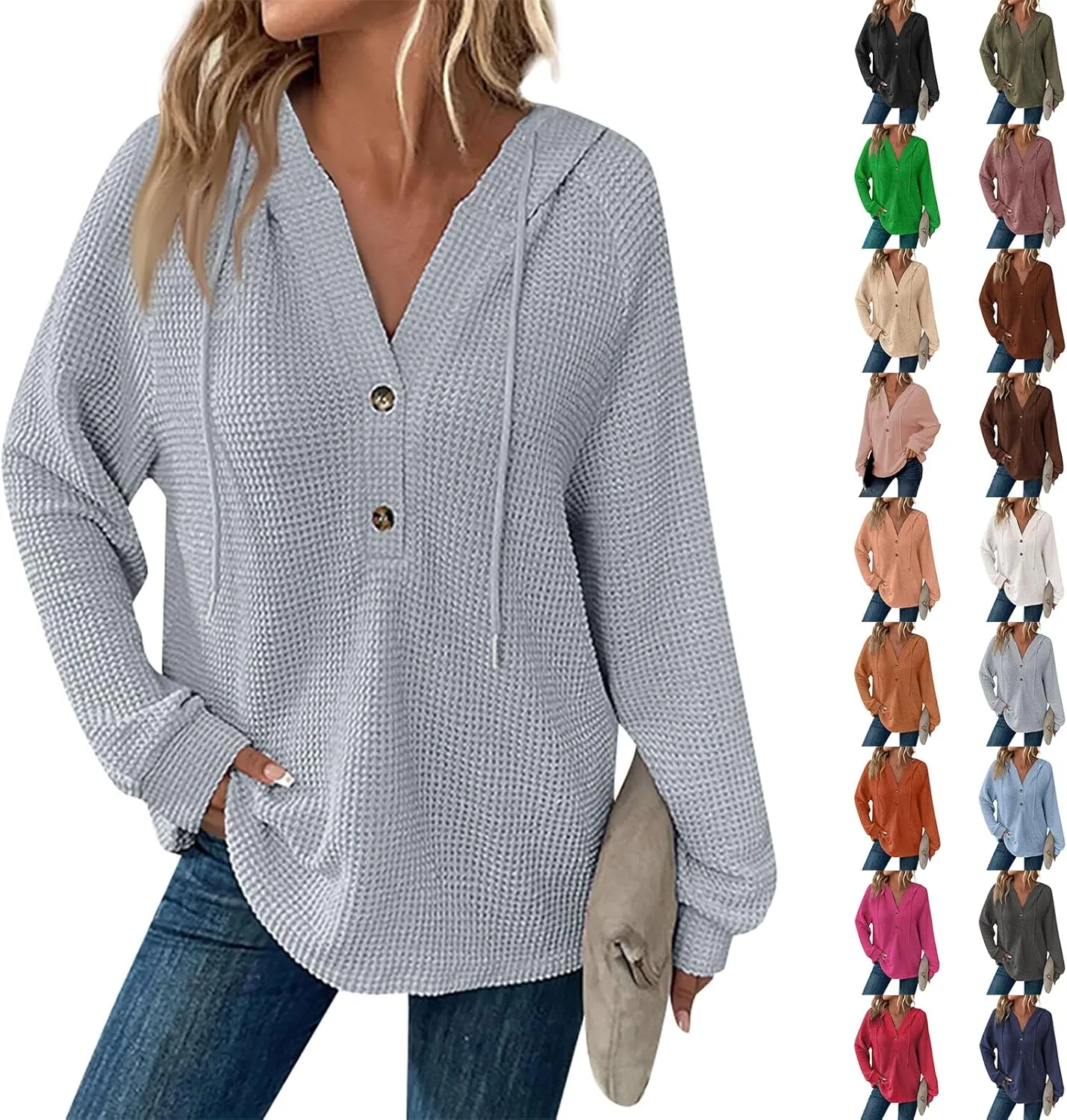 Waffle Knit Hoodies for Women Trendy Casual Button V Neck Sweatshirt Tops Comfy Soft Oversized Sweater Pullover
