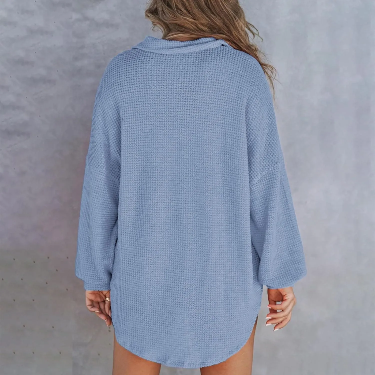 Waffle Knit Tops for Women Casual V Neck Long Sleeve Henley Shirt Solid Color Loose Fit Oversized Tshirts with Pocket