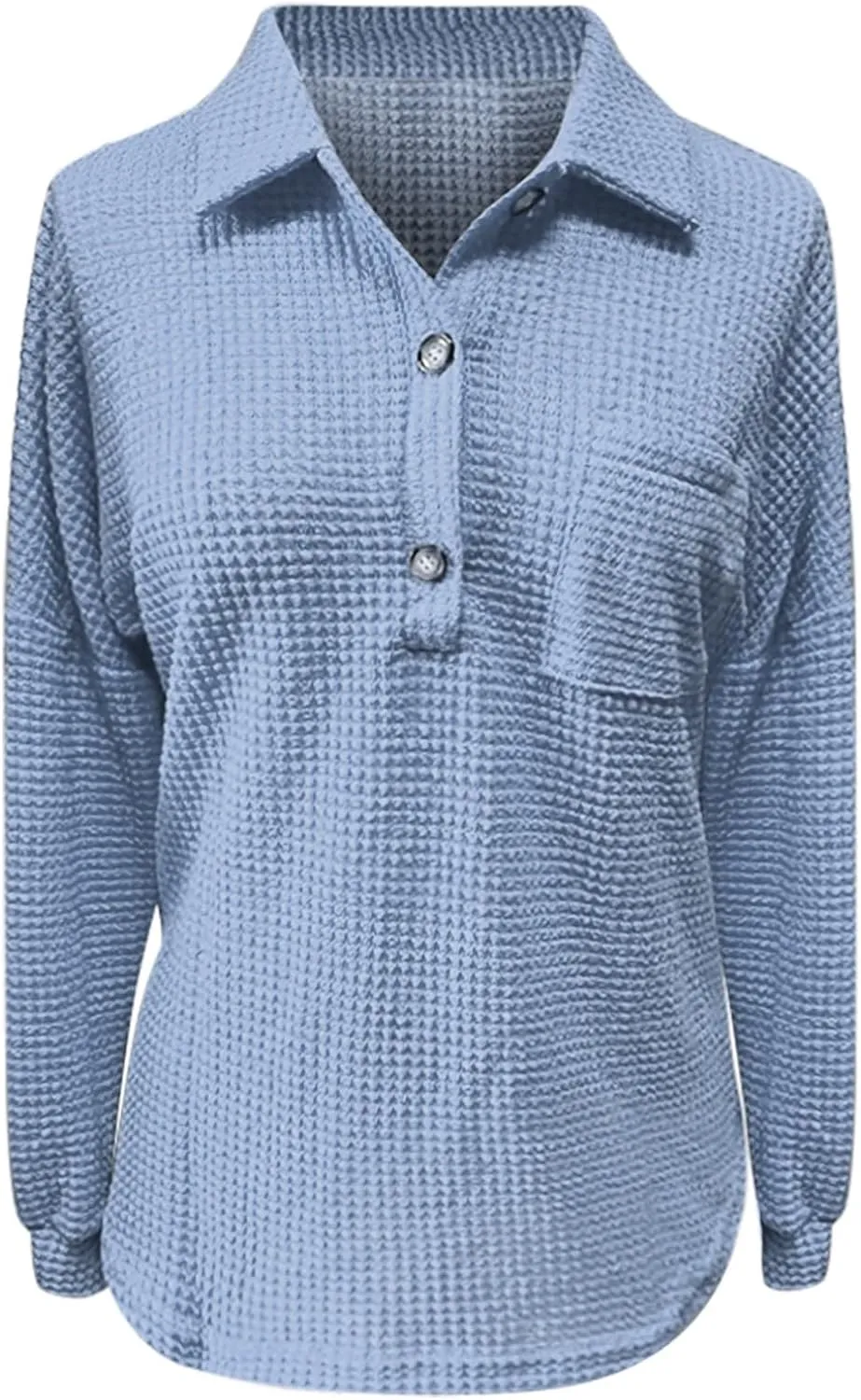 Waffle Knit Tops for Women Casual V Neck Long Sleeve Henley Shirt Solid Color Loose Fit Oversized Tshirts with Pocket