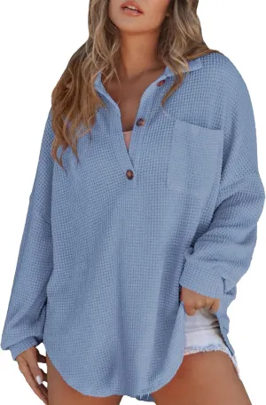 Waffle Knit Tops for Women Casual V Neck Long Sleeve Henley Shirt Solid Color Loose Fit Oversized Tshirts with Pocket