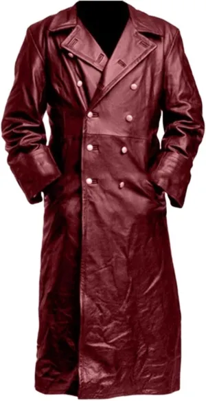 Wankang Mens WW2 Officer Military Uniform Black Faux Leather Trench Coat Jacket Vintage Long Trench Coat Motorcycle Jakcet