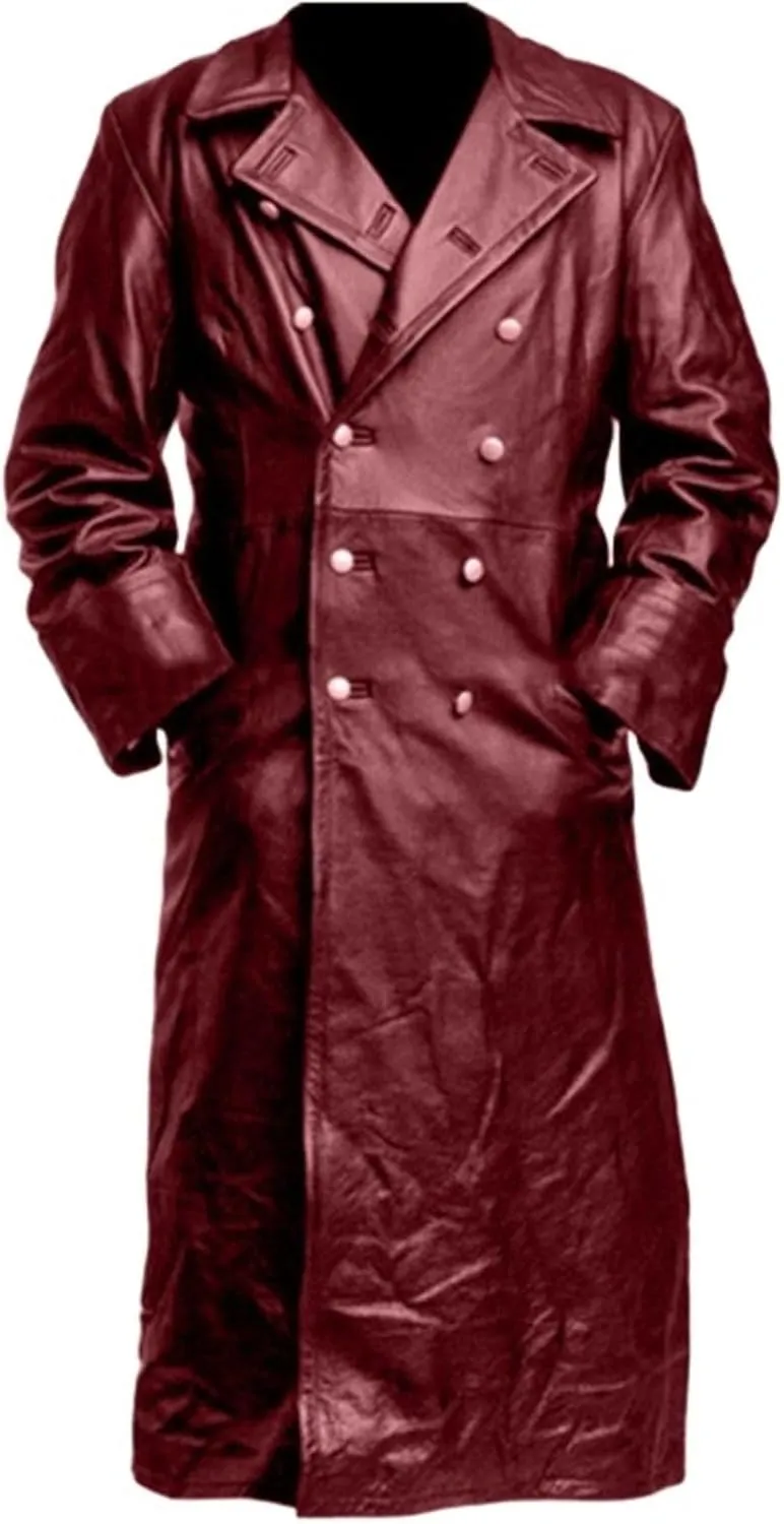 Wankang Mens WW2 Officer Military Uniform Black Faux Leather Trench Coat Jacket Vintage Long Trench Coat Motorcycle Jakcet