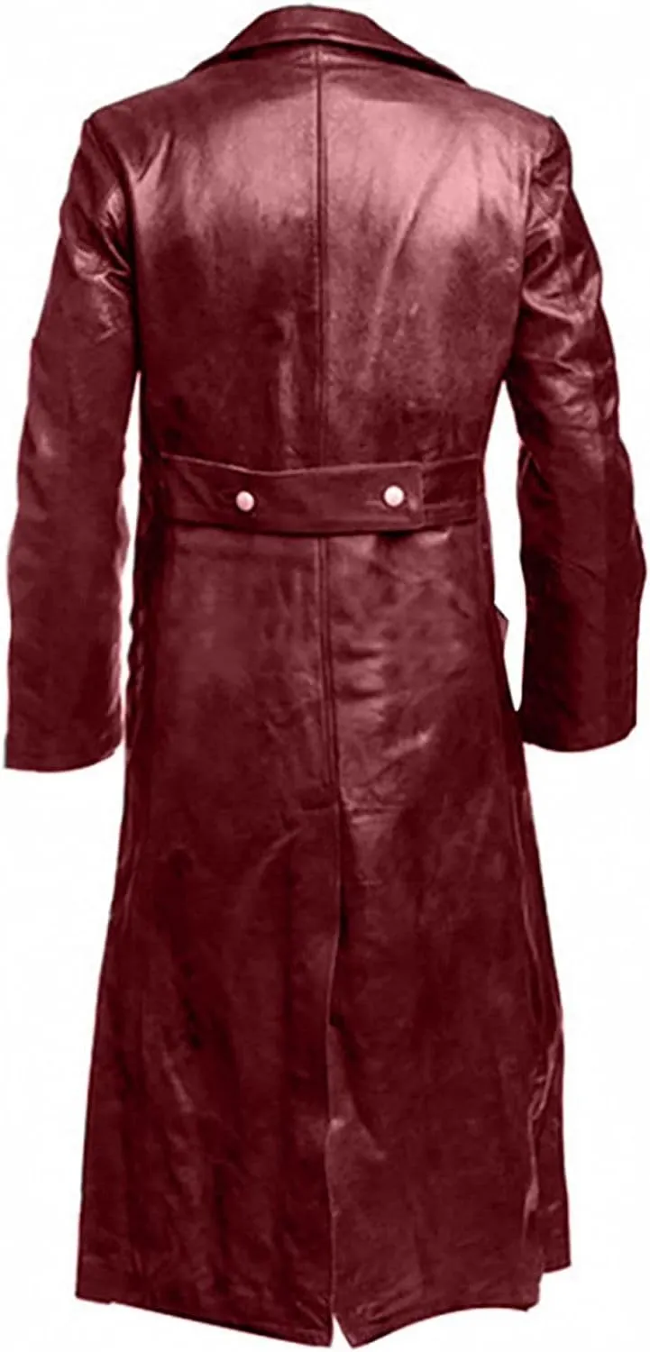 Wankang Mens WW2 Officer Military Uniform Black Faux Leather Trench Coat Jacket Vintage Long Trench Coat Motorcycle Jakcet