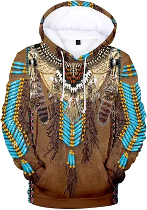 WENKOMG1 Mens Ethnic Printed Hoodies Long Sleeve Native Style Graphic Pullover Winter Fall American Indian Sweatshirt
