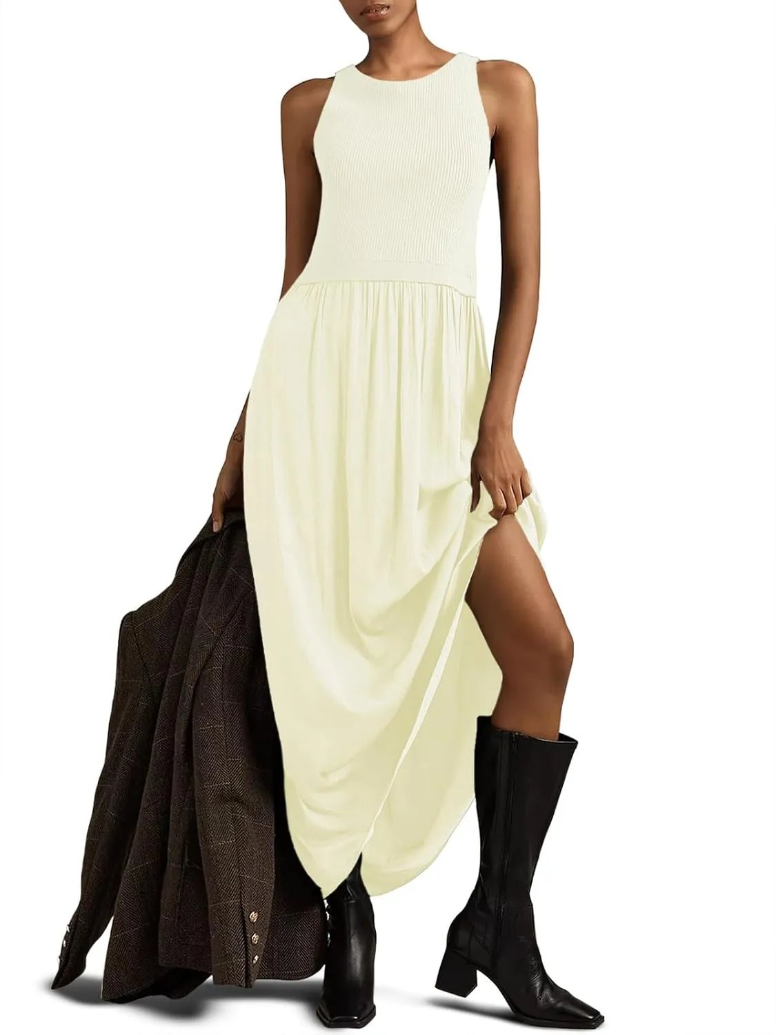 Wenrine Womens Summer Sleeveless Maxi Dress Casual Patchwork Crewneck Ribbed Knit Pleated Long Tank Dresses