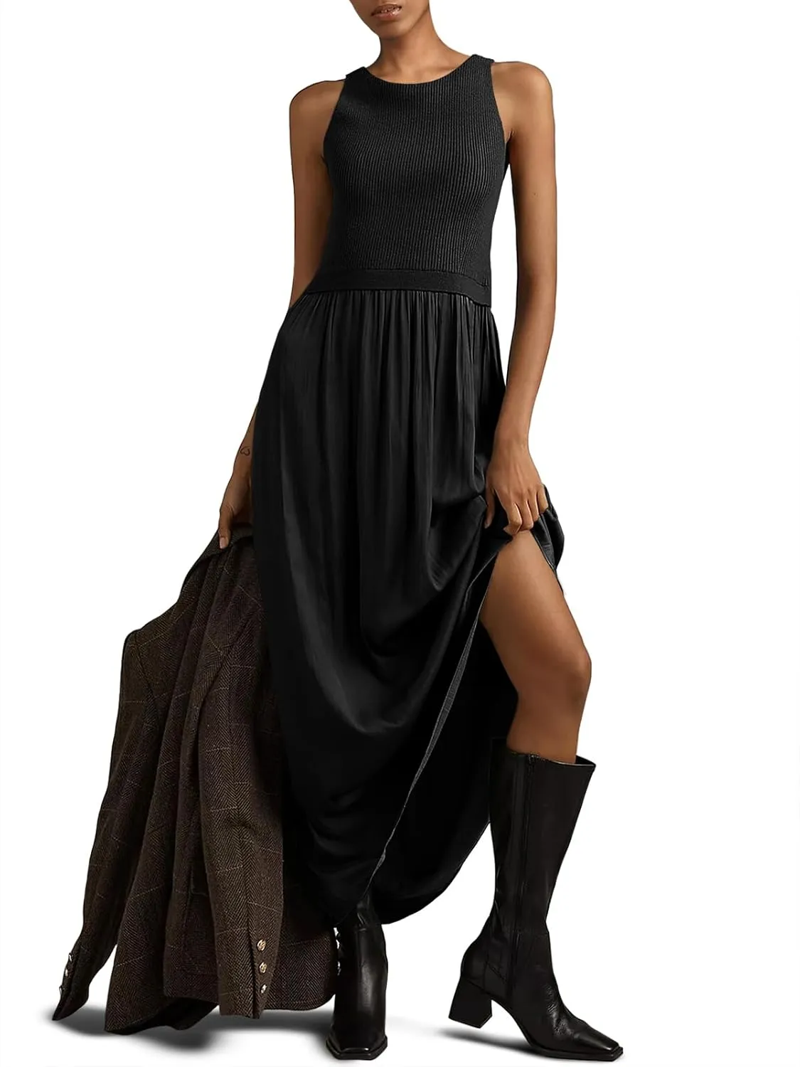 Wenrine Womens Summer Sleeveless Maxi Dress Casual Patchwork Crewneck Ribbed Knit Pleated Long Tank Dresses