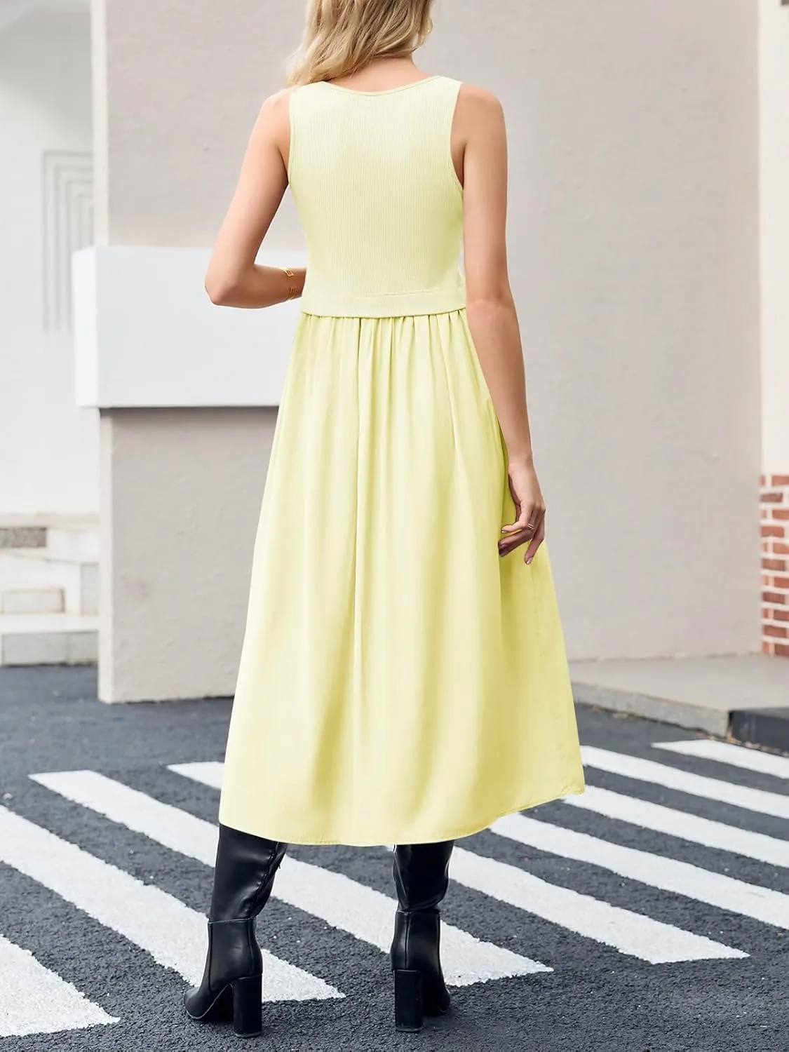 Wenrine Womens Summer Sleeveless Maxi Dress Casual Patchwork Crewneck Ribbed Knit Pleated Long Tank Dresses