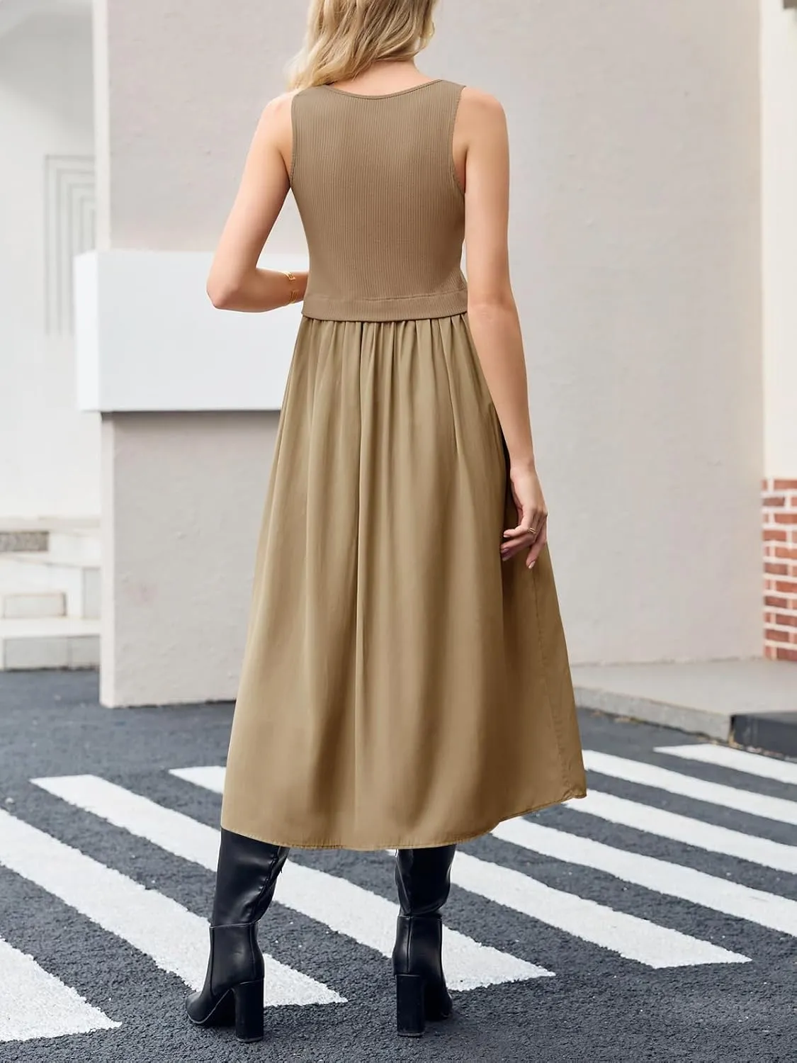 Wenrine Womens Summer Sleeveless Maxi Dress Casual Patchwork Crewneck Ribbed Knit Pleated Long Tank Dresses