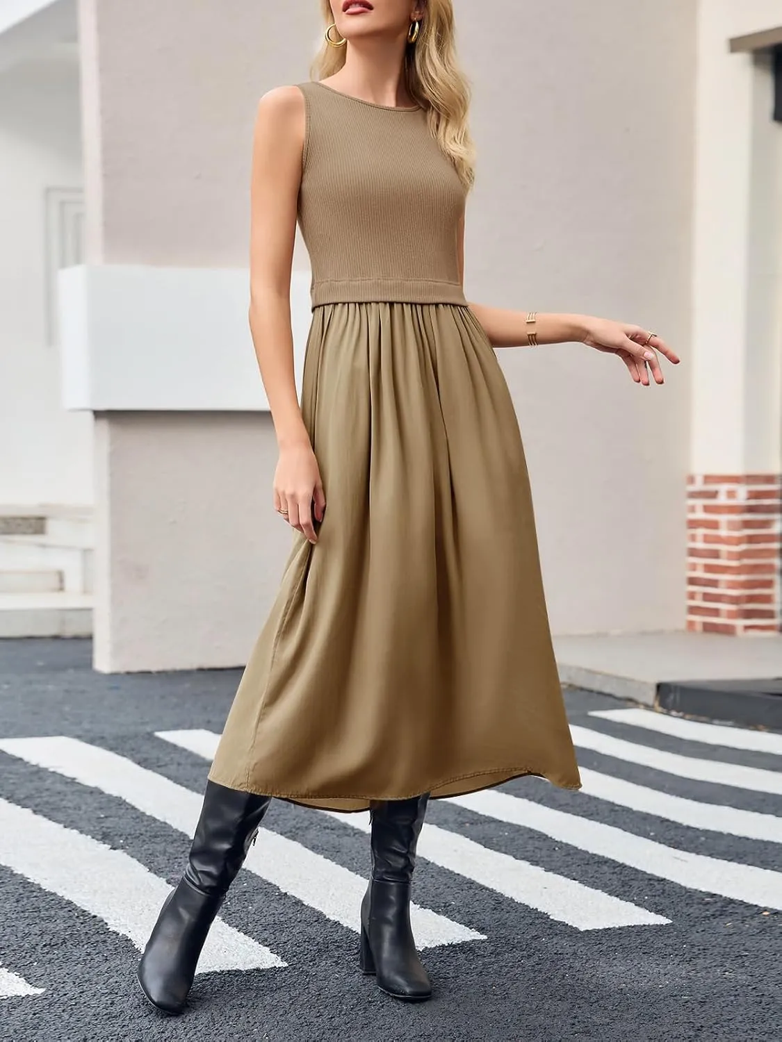 Wenrine Womens Summer Sleeveless Maxi Dress Casual Patchwork Crewneck Ribbed Knit Pleated Long Tank Dresses