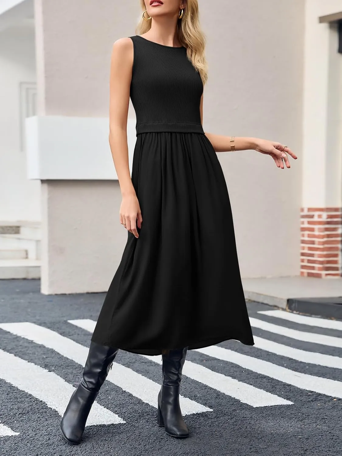 Wenrine Womens Summer Sleeveless Maxi Dress Casual Patchwork Crewneck Ribbed Knit Pleated Long Tank Dresses