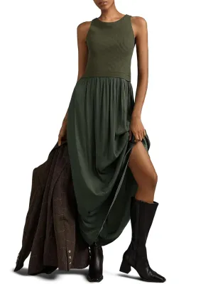 Wenrine Womens Summer Sleeveless Maxi Dress Casual Patchwork Crewneck Ribbed Knit Pleated Long Tank Dresses