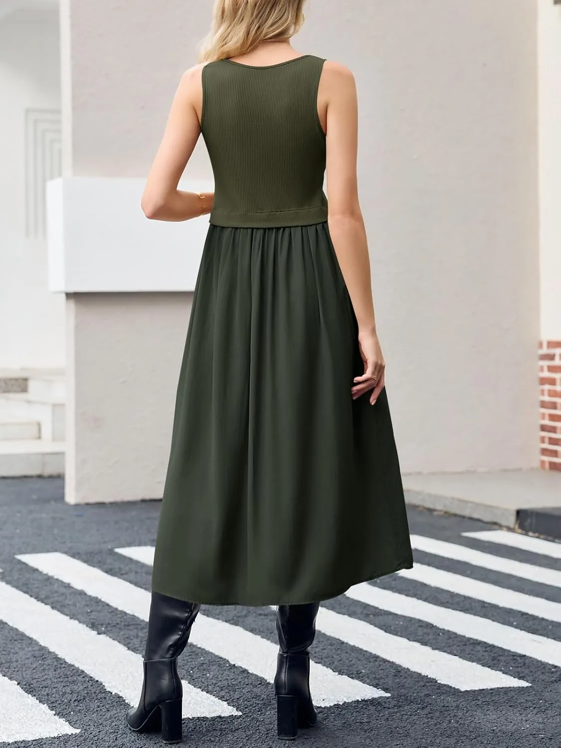Wenrine Womens Summer Sleeveless Maxi Dress Casual Patchwork Crewneck Ribbed Knit Pleated Long Tank Dresses