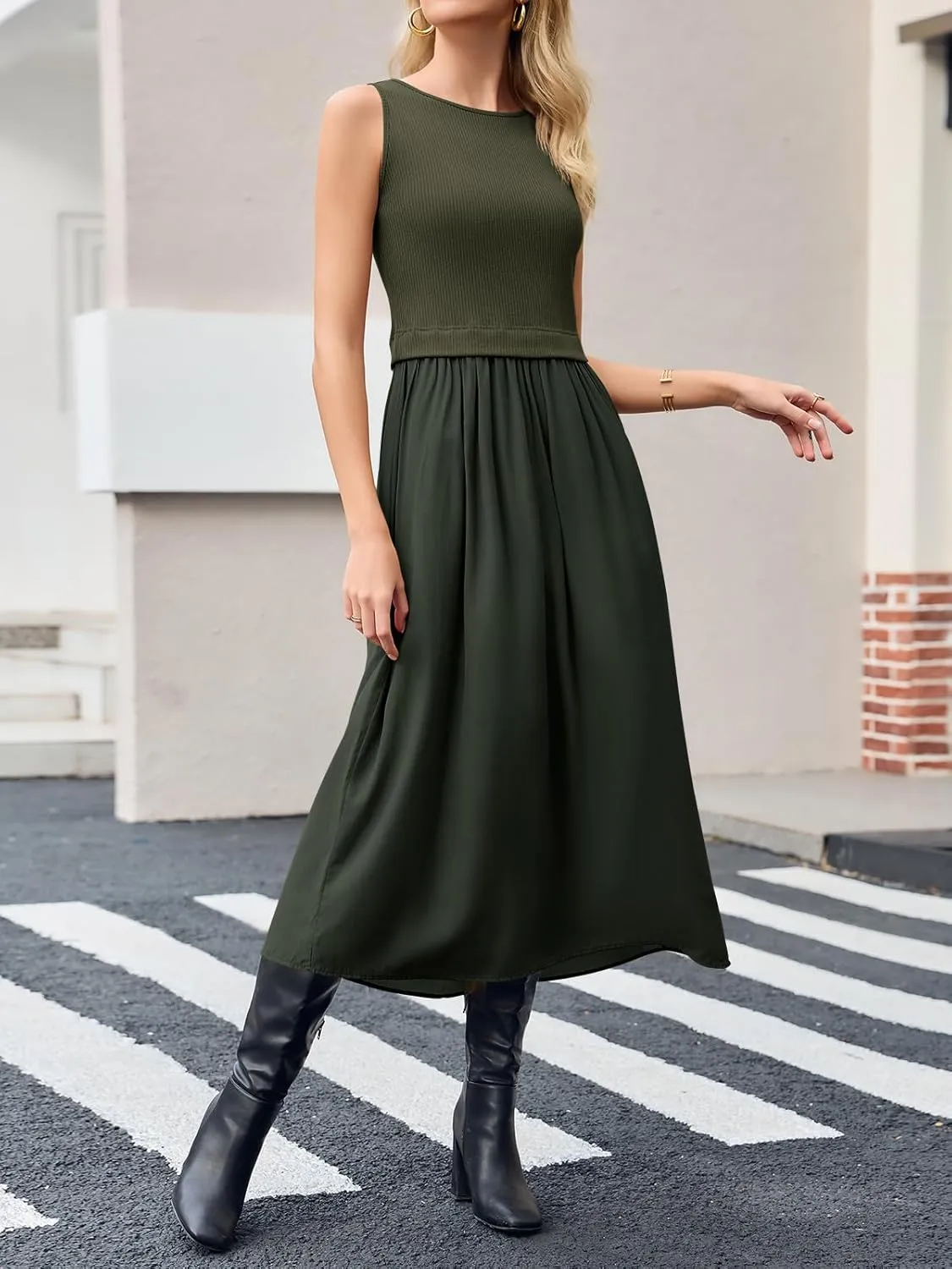 Wenrine Womens Summer Sleeveless Maxi Dress Casual Patchwork Crewneck Ribbed Knit Pleated Long Tank Dresses