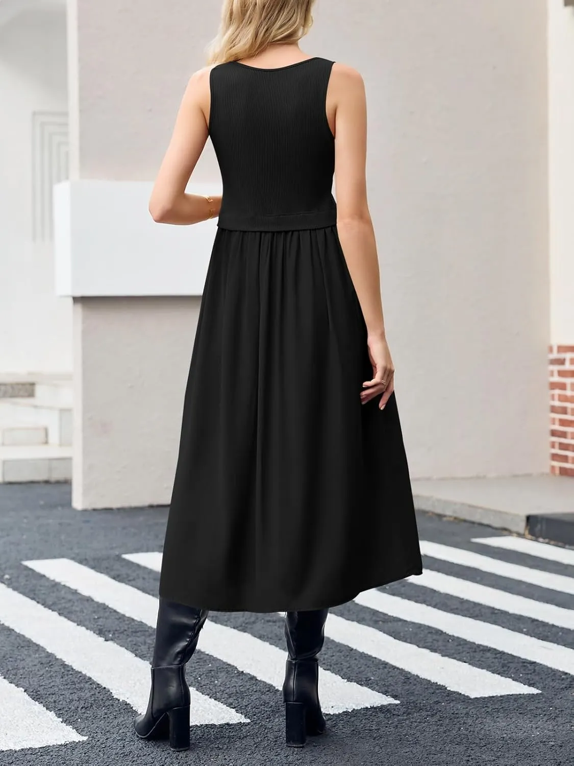Wenrine Womens Summer Sleeveless Maxi Dress Casual Patchwork Crewneck Ribbed Knit Pleated Long Tank Dresses